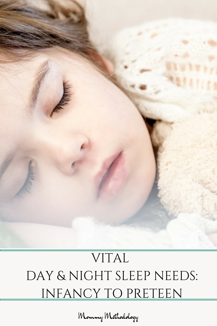 What are Vital Day & Night sleep needs from Infancy to Preteen? Ever wonder how much sleep your baby needs vs. your 5 year old? Here's a sleep chart & tips along with a FREE downloadable quick reference chart!